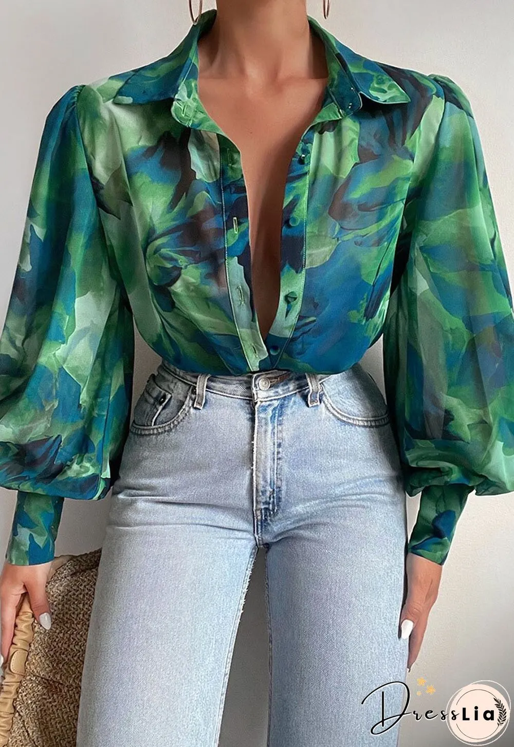 Fashion Lantern Sleeve Spring Summer Tops Blouses Casual Pattern Printed Single-bleached