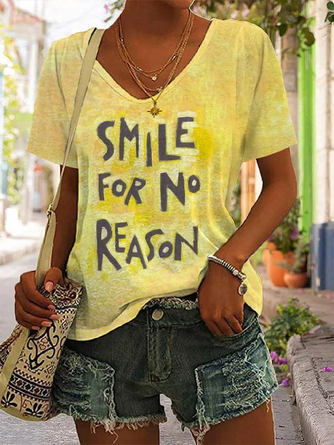 Women's Smile For No Reason Printed V-Neck T-Shirt socialshop