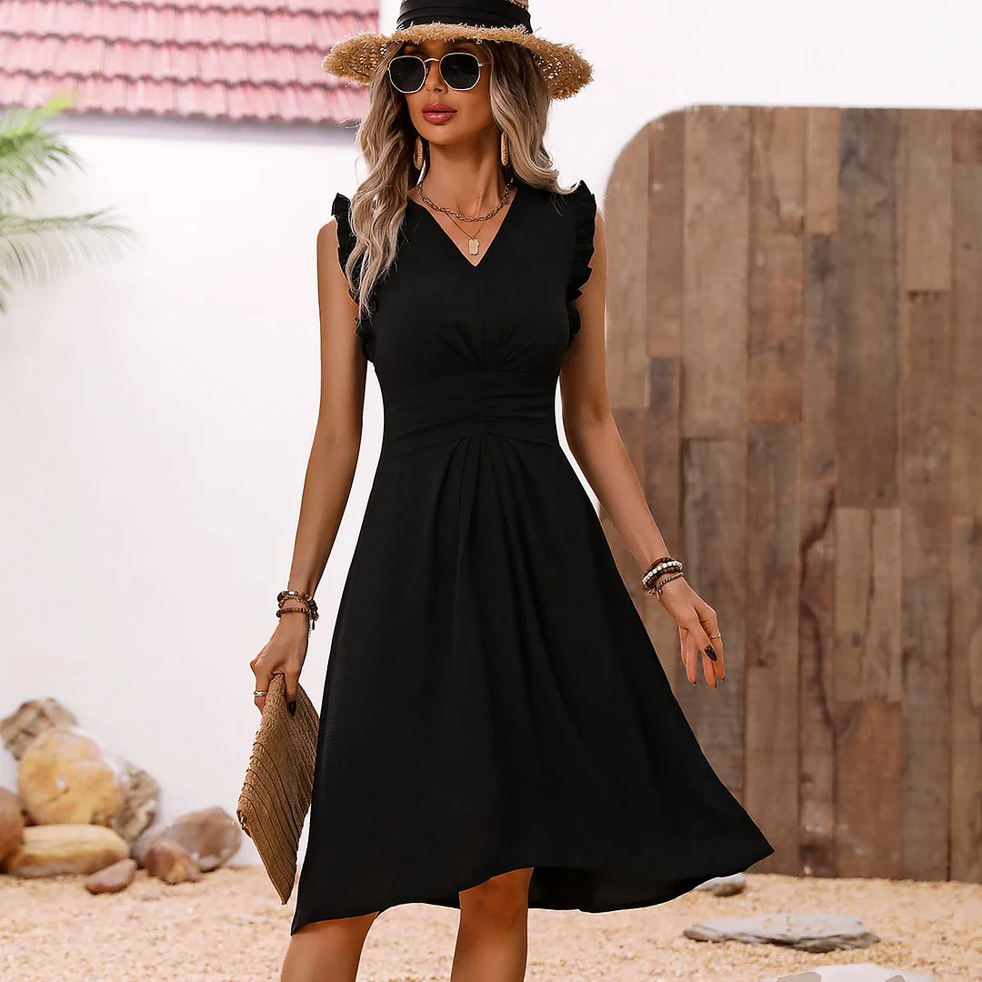 Solid Black V Neck Frill Casual Dress
