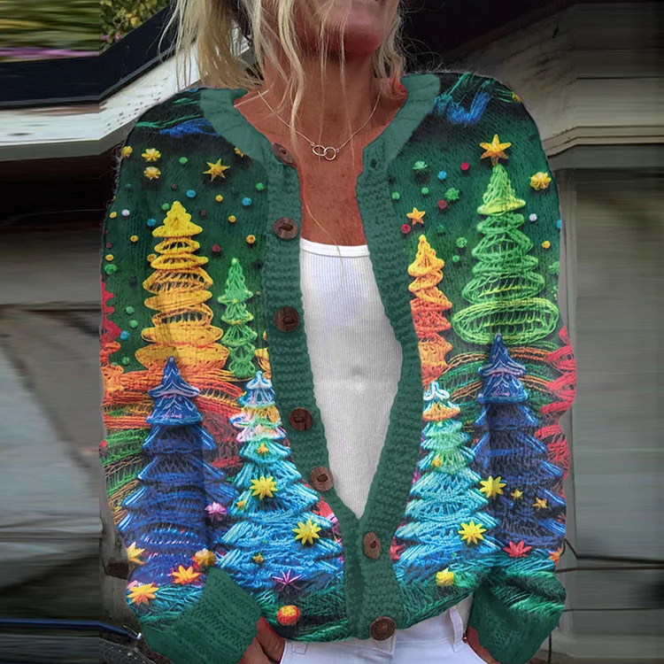 Christmas Tree Pattern Print Casual Knitted Cardigan