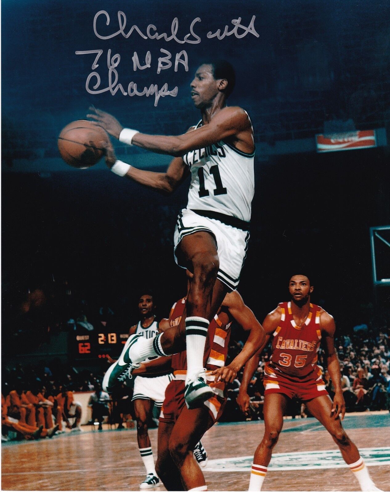 CHARLIE SCOTT BOSTON CELTICS 76 NBA CHAMPS ACTION SIGNED 8x10