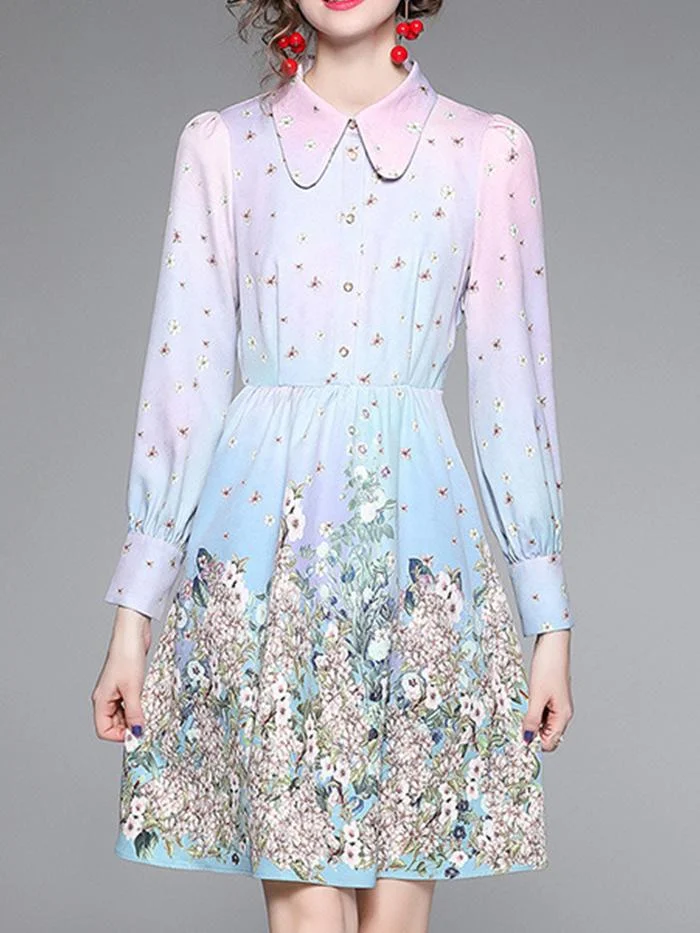 Printed Long-sleeved Single-breasted Dress