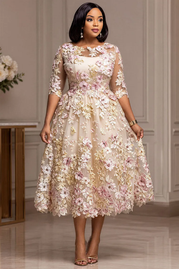 Xpluswear Design Plus Size Cocktail Party Champagne Round Neck Half Sleeve Embroidery See Through Guipure Lace Midi Dresses [Pre-Order] 2024 - Xpluswear