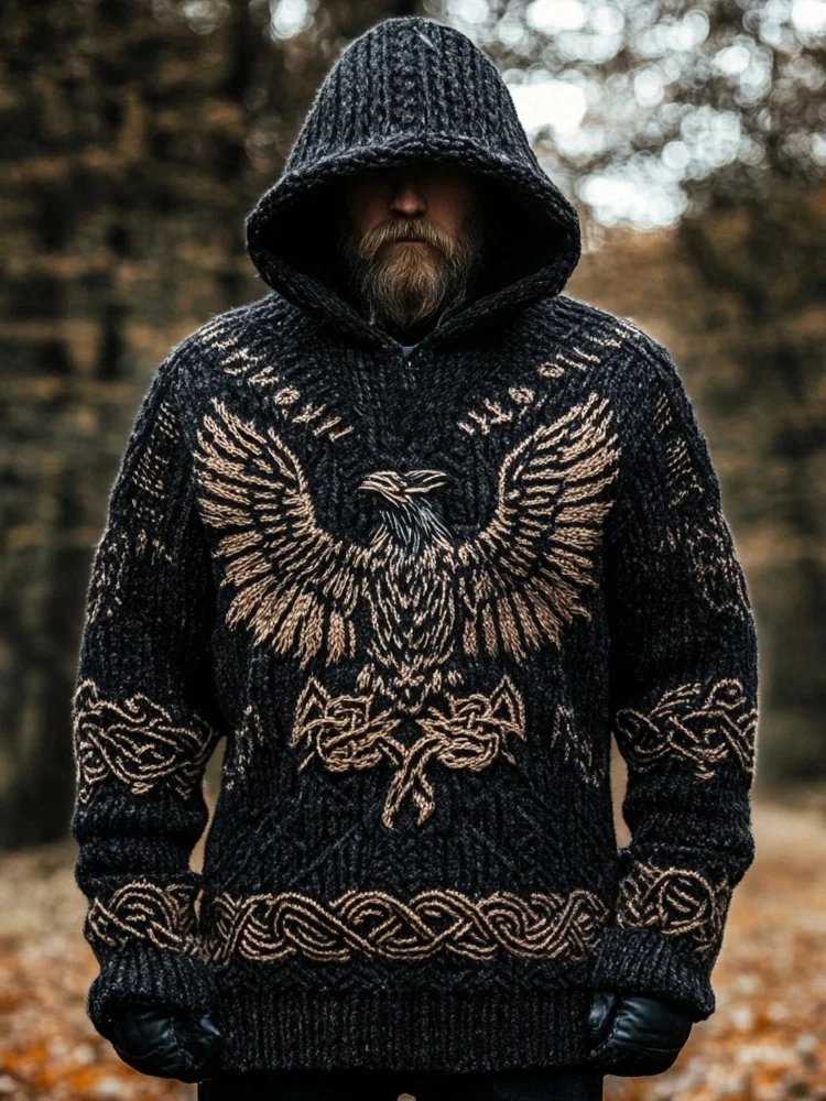 Men's Viking Raven Inspired Jacquard Cozy Hooded Sweater