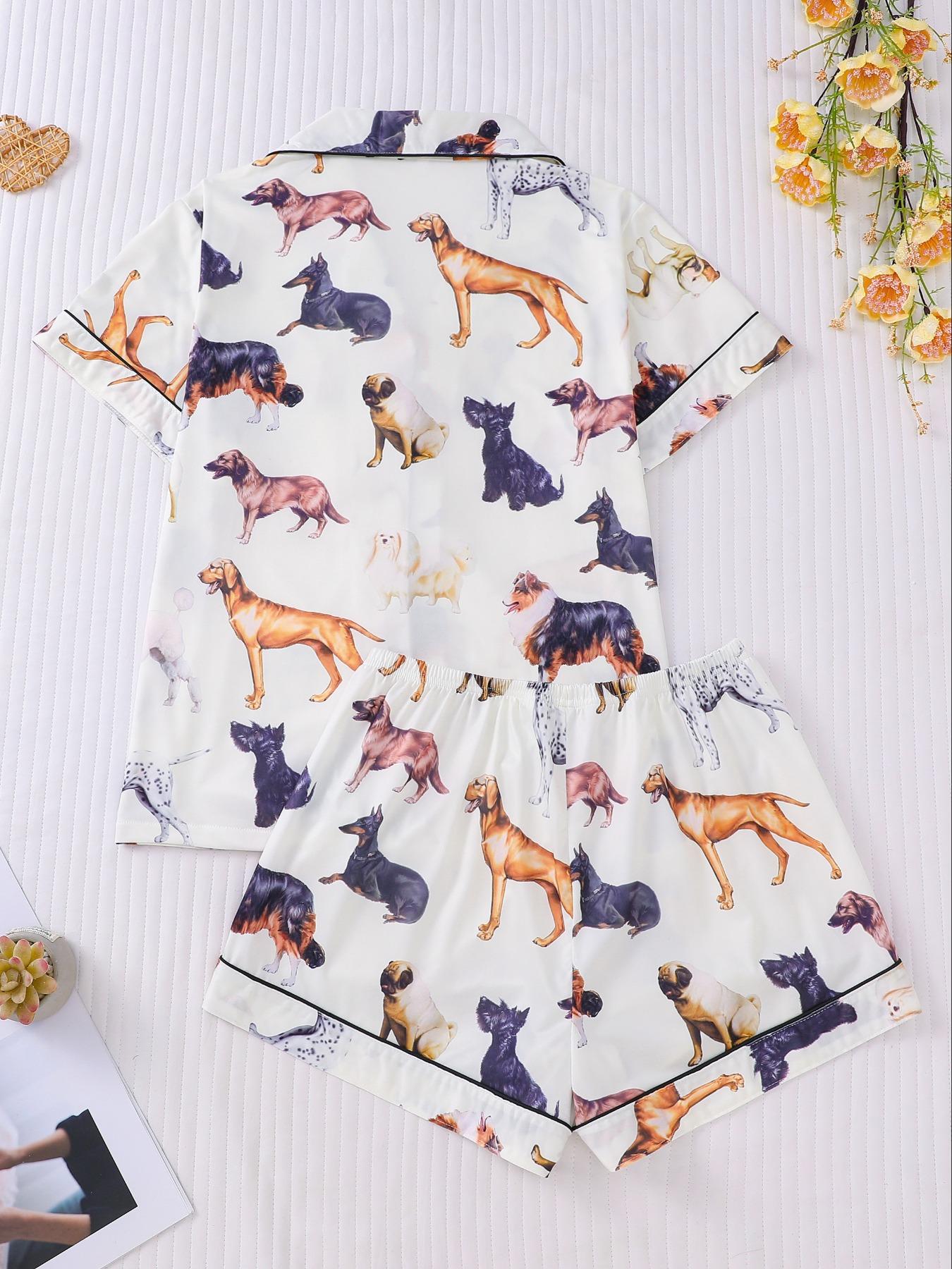 Women's All Over Dachshund Print Shirt & Elastic Waist Shorts Pyjama Two-piece Set, Matching Pj Set, Casual Comfy Short Sleeve Collared Top & Shorts PJ Set, Ladies Sleepwear for All Seasons, Loungewear, Sleep Pajamas Shorts