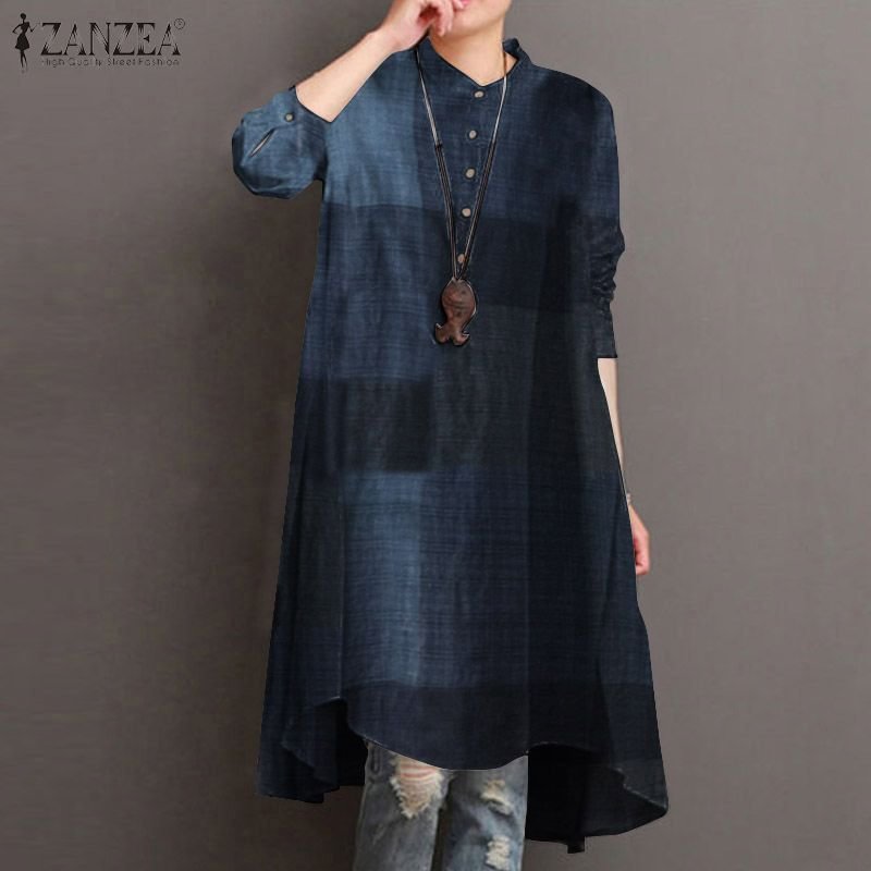 Vintage Check Shirt Vestidos Women's Autumn Blouse ZANZEA Casual Long Sleeve Shirts Female Button Asymmetrical Tops