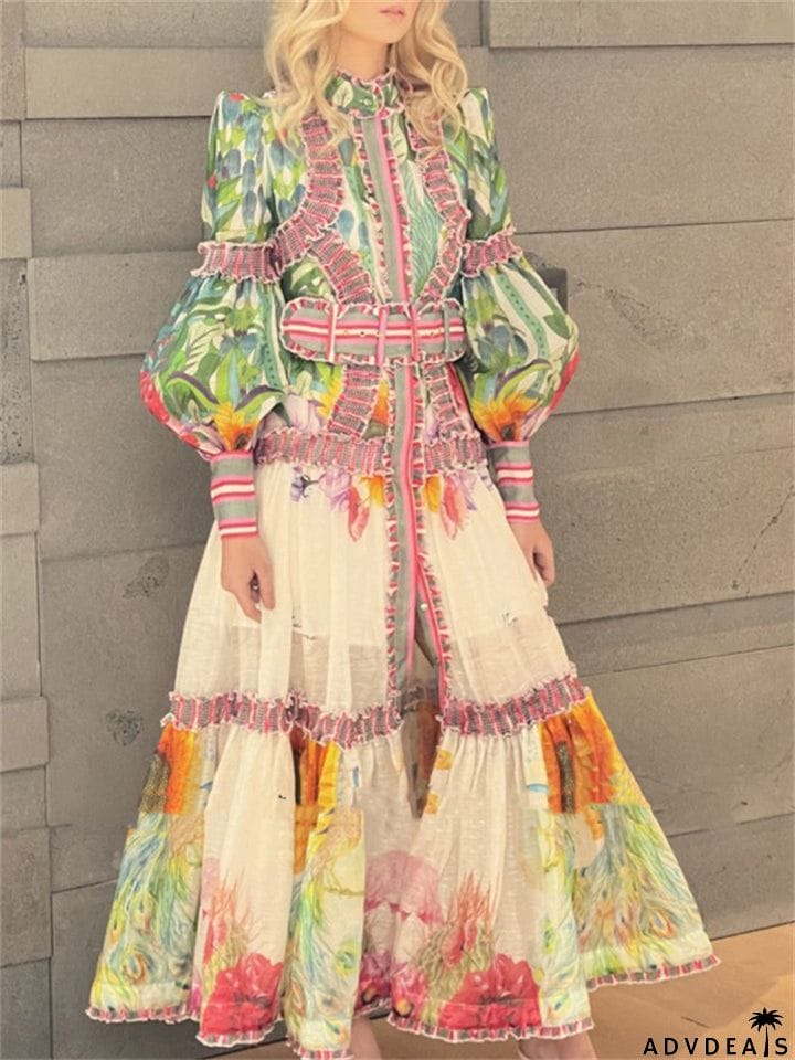 Retro Chic Niche Colorful Plant Print Female Dresses