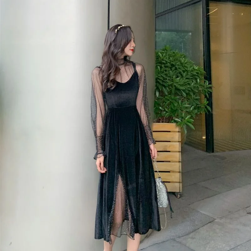 Set: Long-Sleeve Glitter Mesh Top + Spaghetti Strap A-Line Midi Dress YP46
