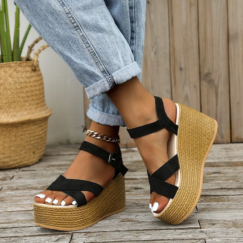 Qengg New Women's Sandals Fashion Buckle Platform Wedge Casual Shoes Hemp Rope Weave Comfortable Roman Sandals Sandalias Tacon Grueso