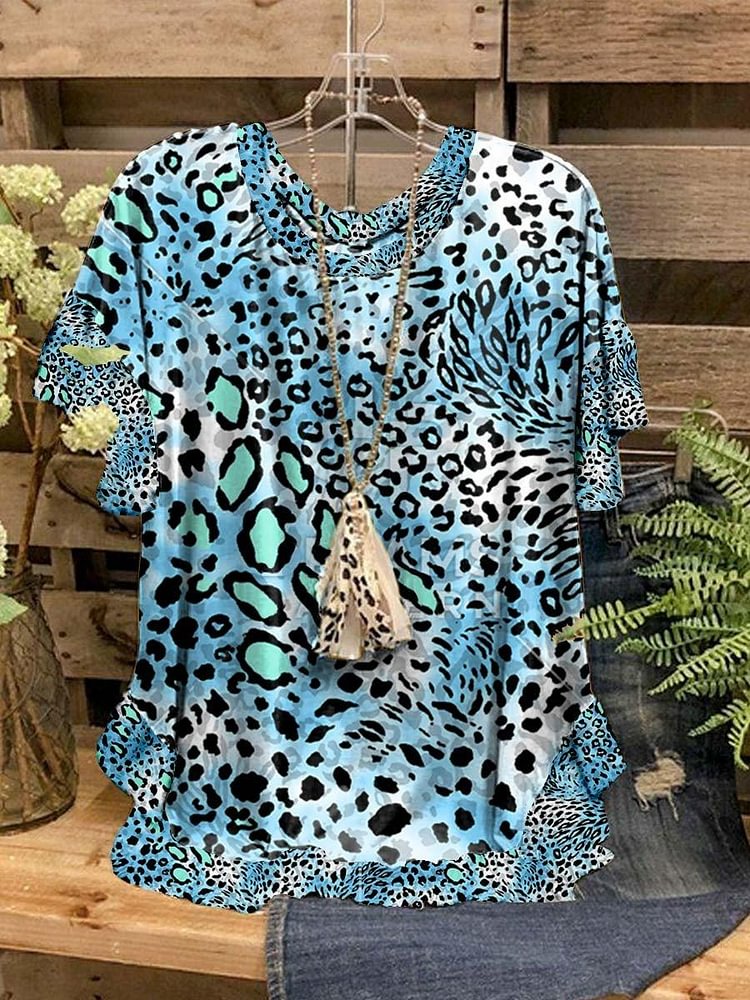 Women's Summer New Round Neck Blue Leopard Short Sleeve Top