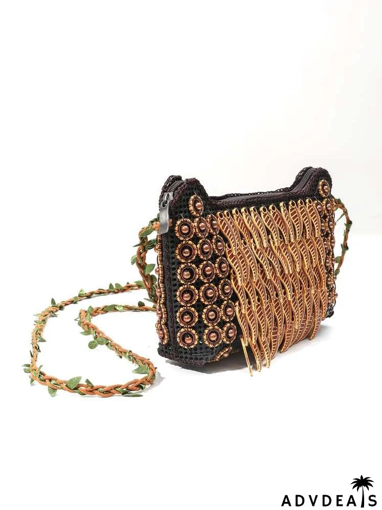 Beaded & Leaf Decor Crossbody Bag