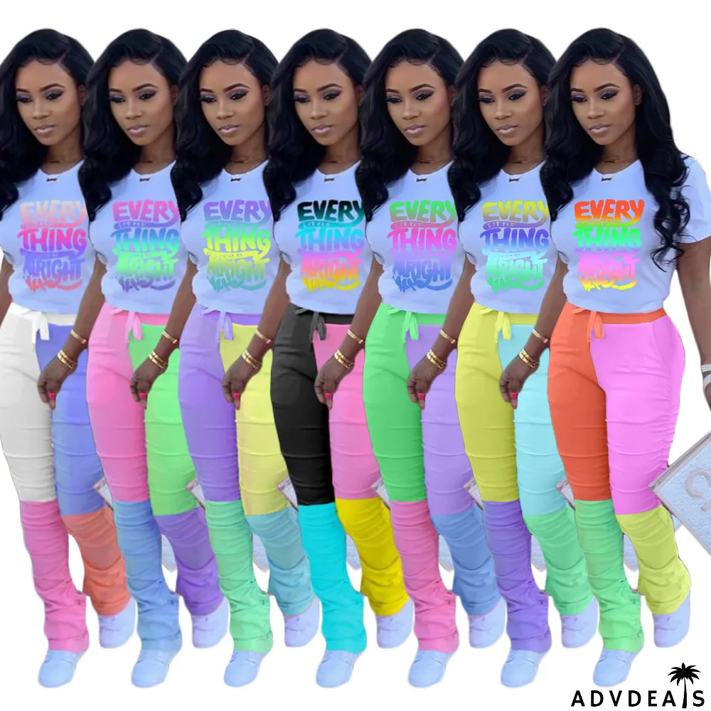 Casual Placement Print Letter Contrast Pleated Two-Piece Set