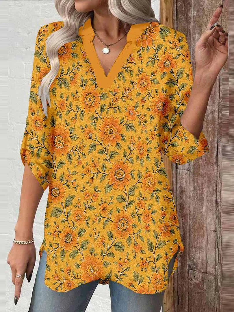 Women Floral,Yellow DZGA0288 3/4 Sleeve V-neck Printed Graphic Button Tops