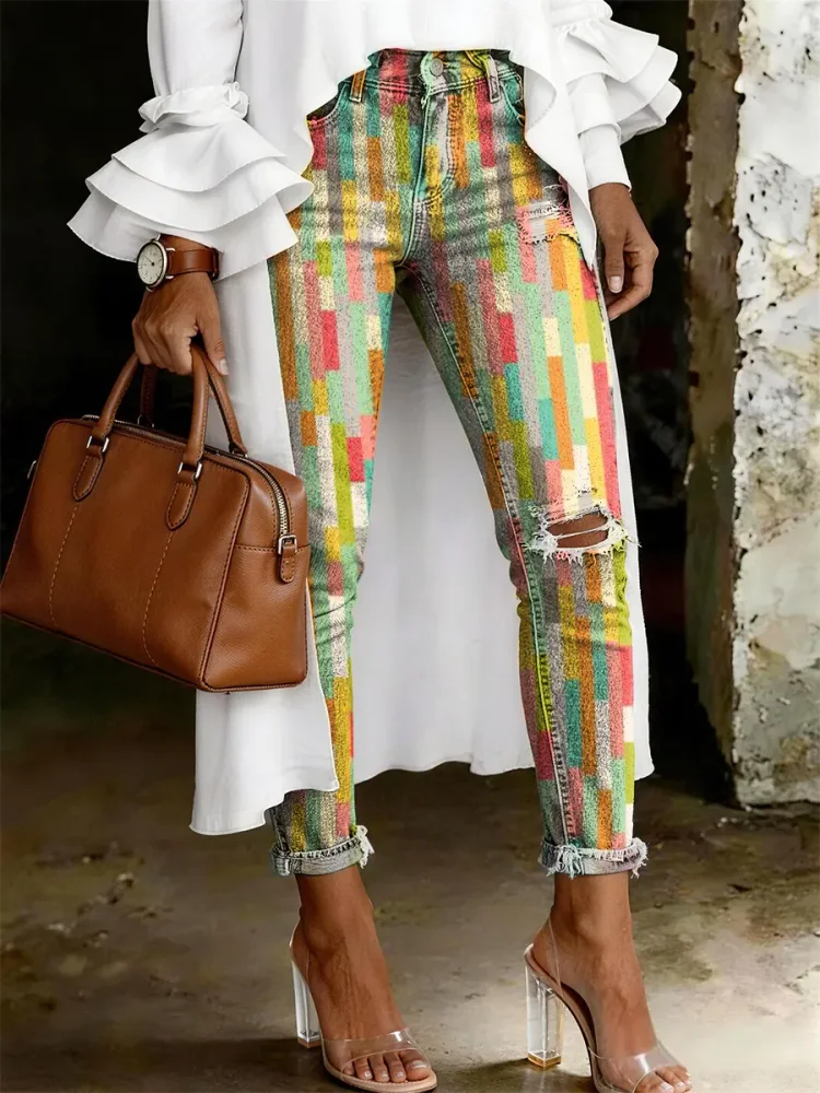 Women's Fashion Casual Multicolor Art Print Ripped Skinny Jeans