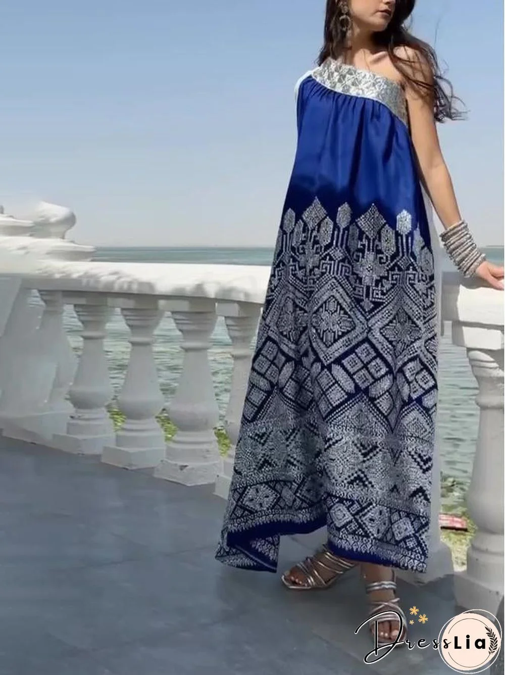 One Shoulder Blue&White Joint Dress