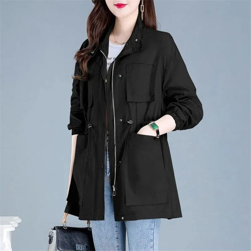 Autumn Women's Trench Coat 2021 New Solid Pocket Drawstring Mid Long Overcoat Loose Plus Size 4XL Female Windbreakers Basic Coat