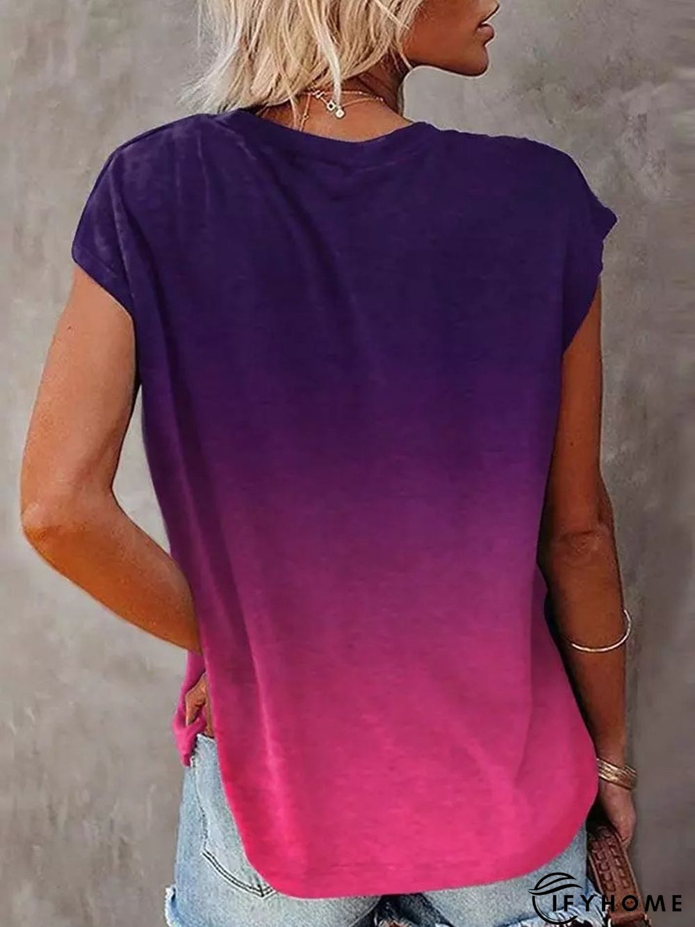 Ombre Casual V Neck Zipper Short Sleeve T-Shirt | IFYHOME