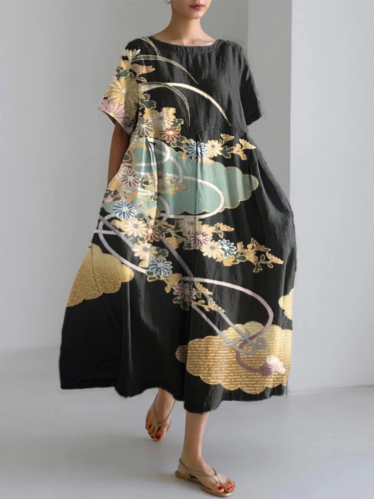 Japanese Floral Traditional Pattern Print Linen Blend Dress
