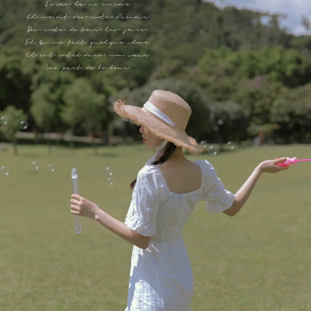Llyge Summer French Style Tied Women's Frayed Beach Lace Straw Hat llyge
