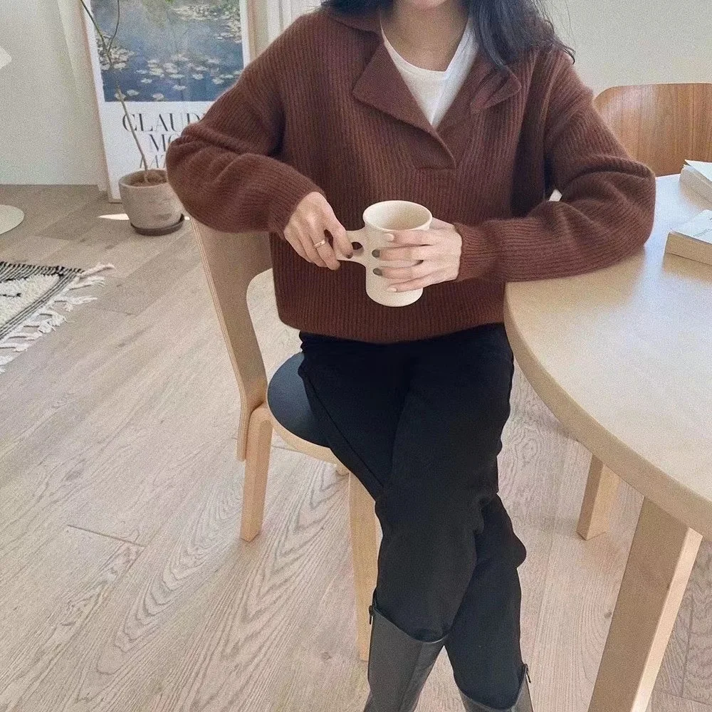 SOLOD COLOR STRIPED POLO COLLAR KNIT SWEATER