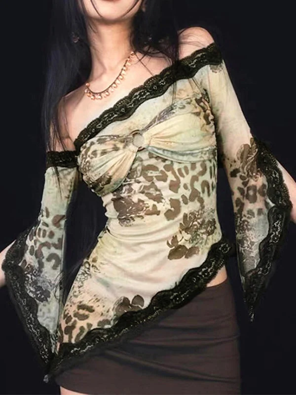Brownm Asymmetric Leopard Print Long Sleeve Top with Lace