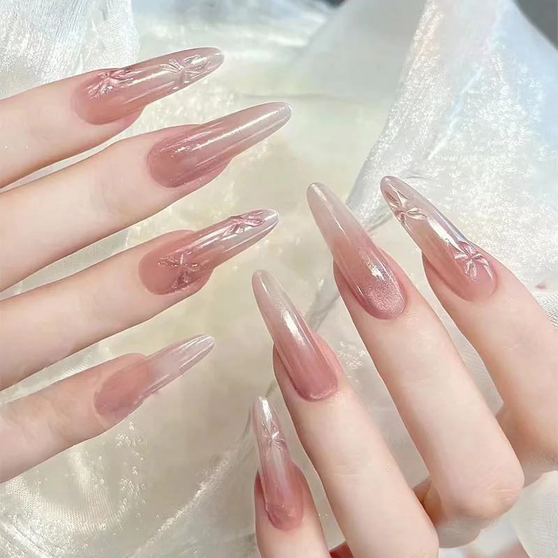 Bonusbiw 30Pcs Wine Red Fake Nails With Gradient Print Design Long Stiletto False Nails Wearabe Almond Press on Nails Full Cover Tips
