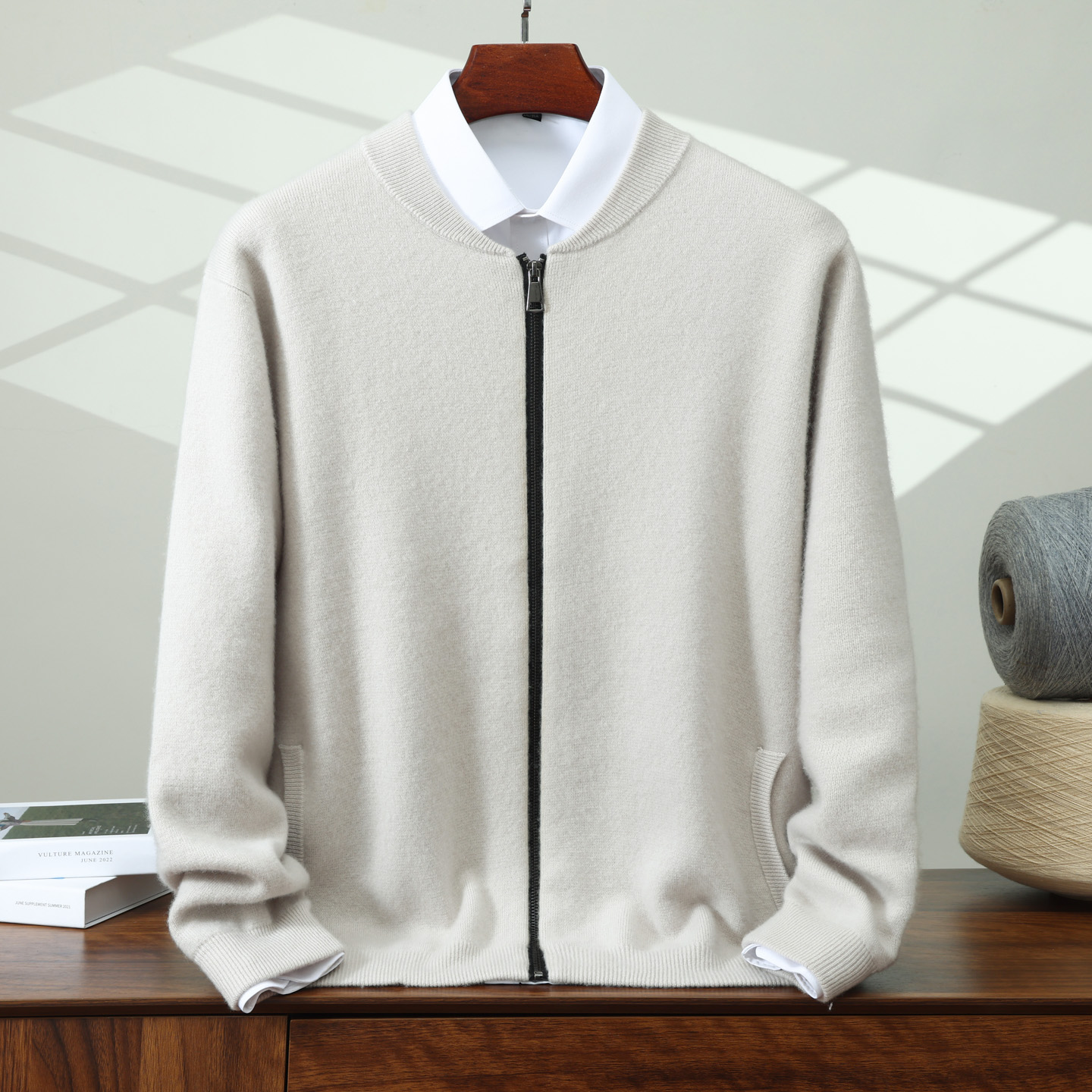 Men's Baseball-Style Cashmere Cardigan | Zip-Front Knit Jacket REAL SILK LIFE