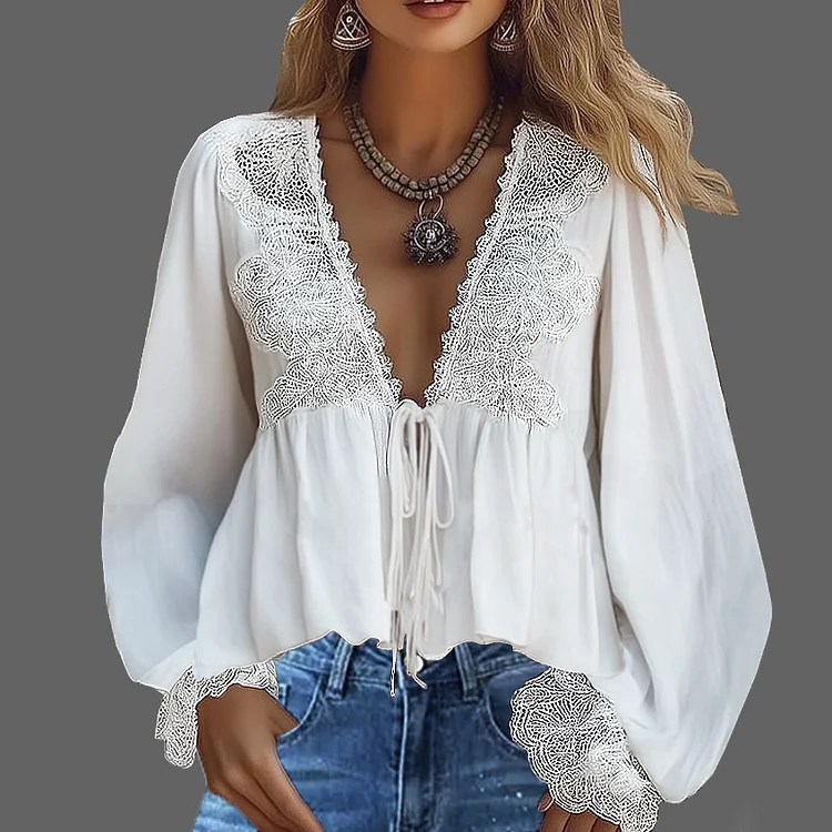 Ursime Deep V Neck Lace-Up Lantern Sleeve Lace Ruffle Blouse