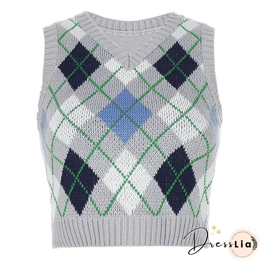 V Neck Vintage Argyle Sweater Vest Women Black Sleeveless Plaid Knitted Crop Sweaters Casual Autumn Preppy Style tops