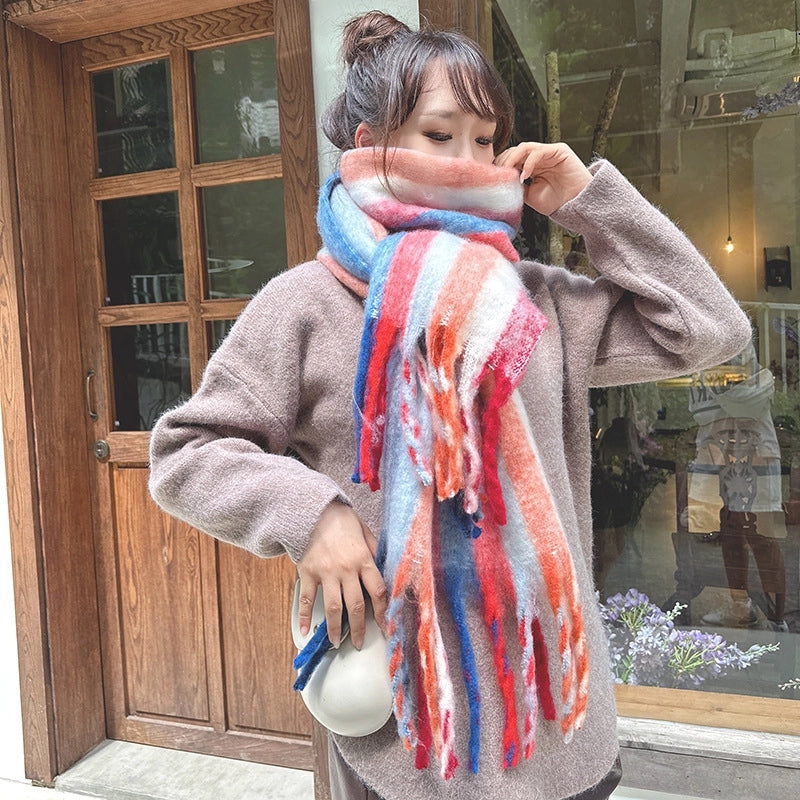 Latest Mohair Striped Tassel Scarf Fashion Geometric Gradient Shawl Japanese And Korean Versatile Thickened Scarf