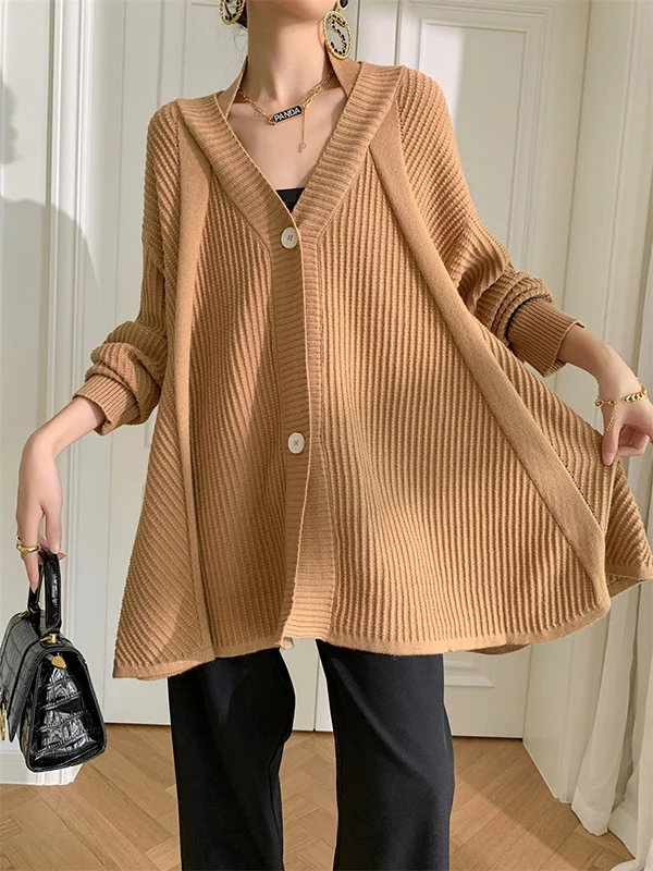 Stylish A-Line Long Sleeves Loose Solid Color V-Neck Cardigan Tops