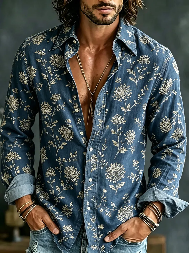 Men's Vintage Japanese Chrysanthemum Art Print Linen Blend Casual Shirt  artssus
