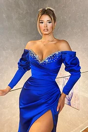 knee length dresses for ladies Royal Blue One Shoulder Long Sleeves Evening Dress Mermaid Slit With B