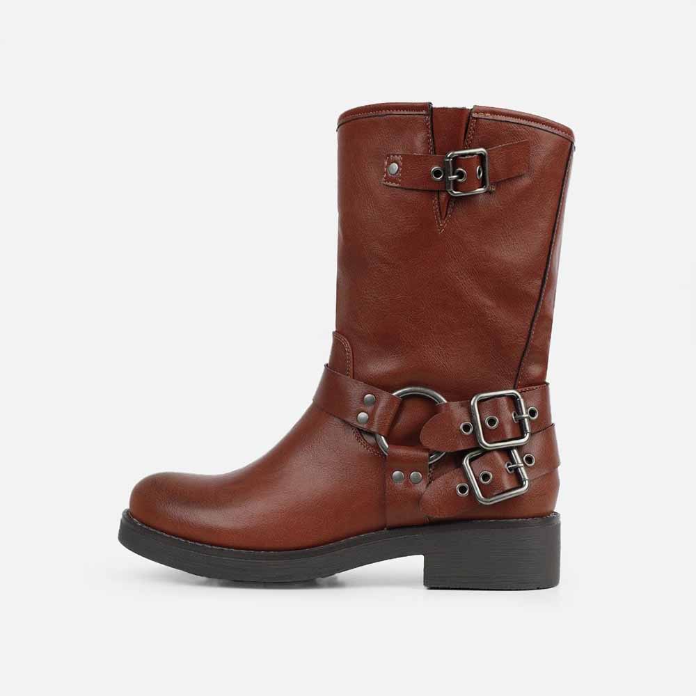 Brown Vegan Leather Closed Toe Low Chunky Heel Buckled Ankle Boots Nicepairs