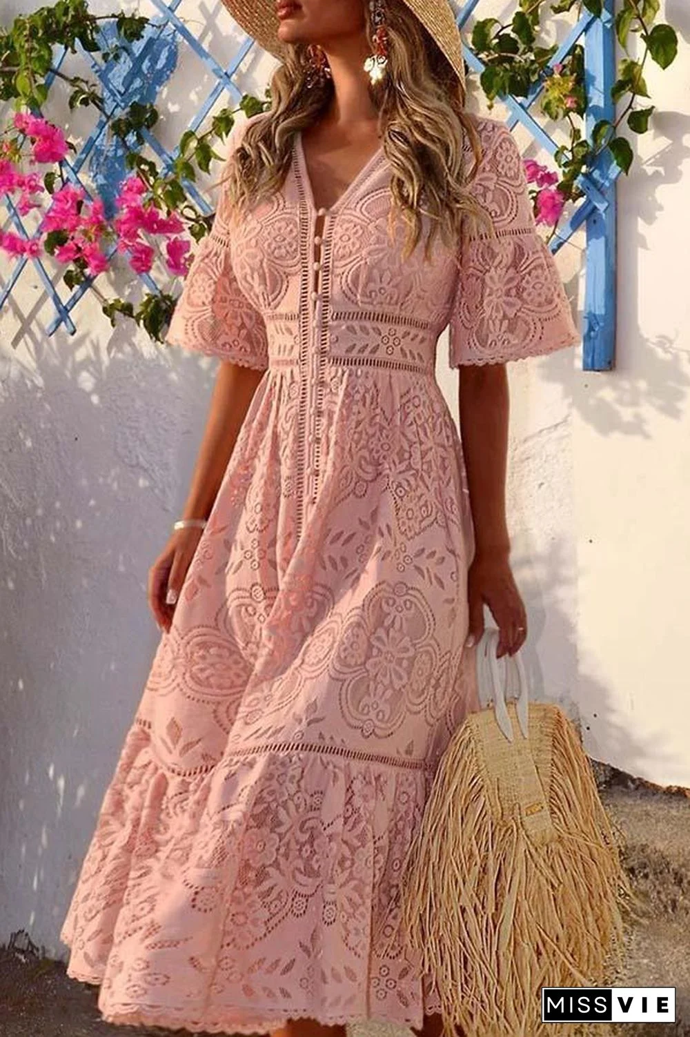 V-neck Short Sleeve Single-breasted Lace Maxi Dress (2 Colors) P16326