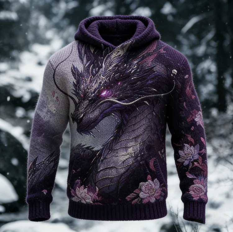 Dragon With Lotus Pattern Men's Cozy Hooded Sweater