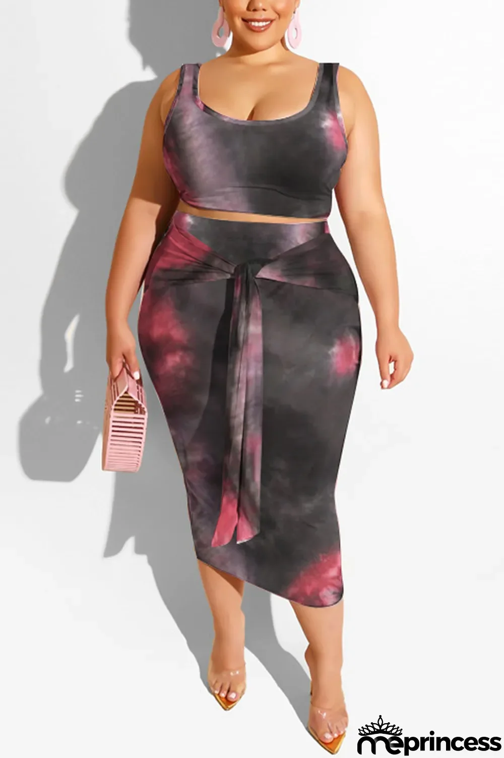 purple Polyester Sexy Slip Print Belt Tie Dye Plus Size