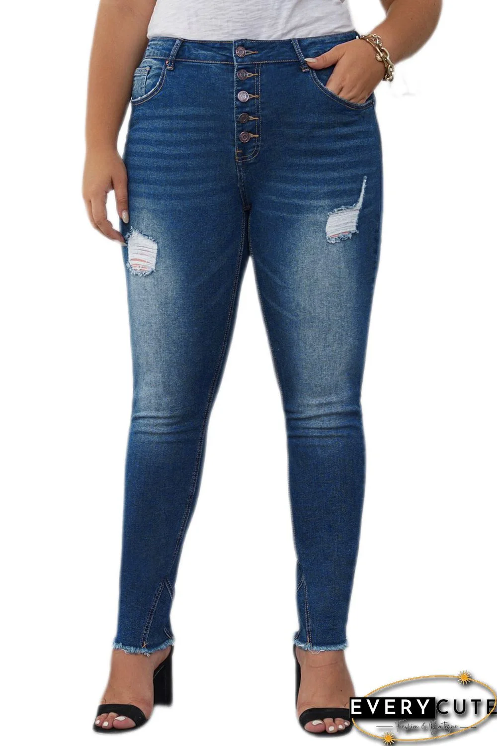 Plus Size High Rise Buttons Distressed Ankle Skinny Jeans