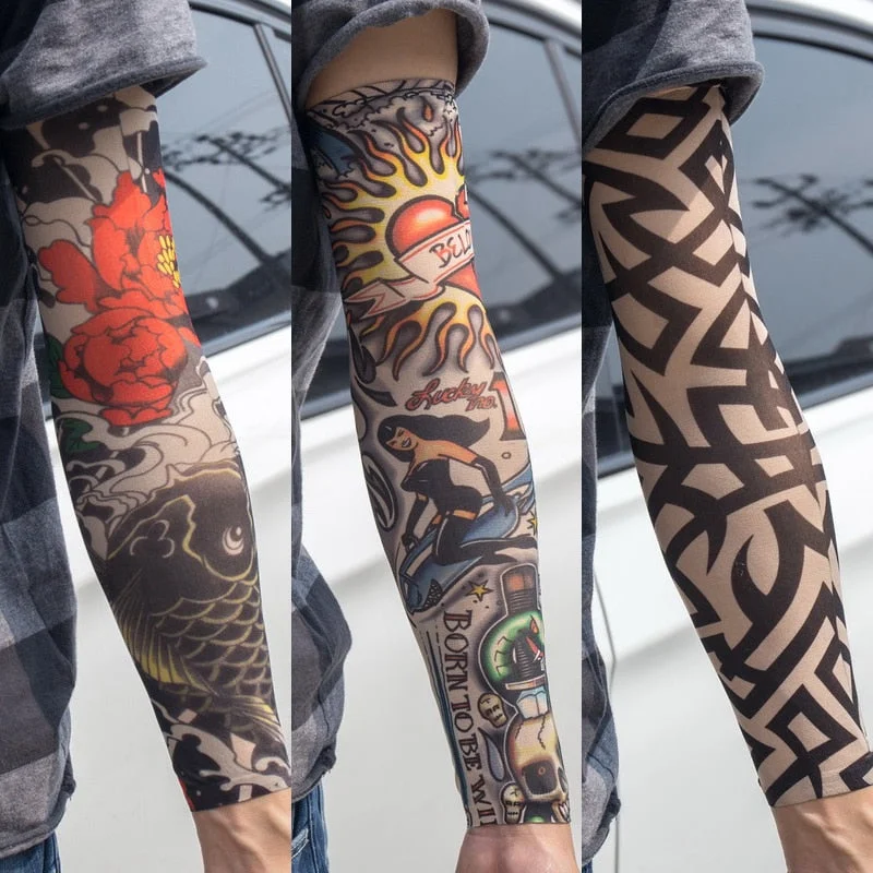 3PCS/lot new mixed 100%Nylon elastic Fake temporary tattoo sleeve skull wolf totem dragon designs body Arm stockings cool men