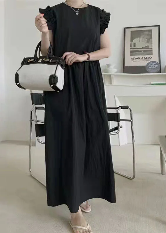Black Patchwork Cotton Maxi Dresses Ruffled Summer
