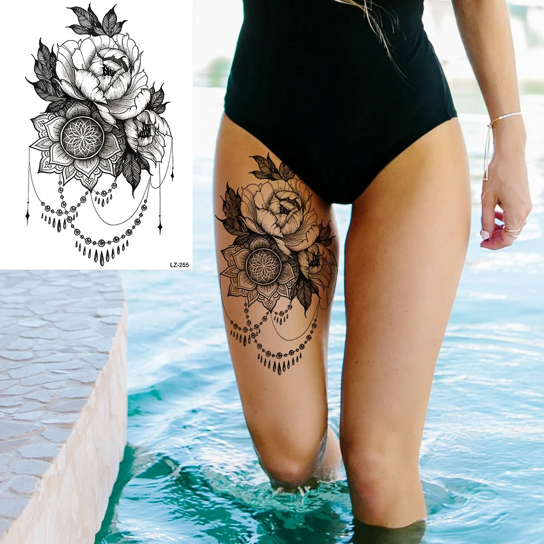 Sdrawing Rose Flower Moon Temporary Tattoos For Women Adult Pendant Peony Lotus Fake Tattoo Calf Thigh Body Art Waterproof Tatoos