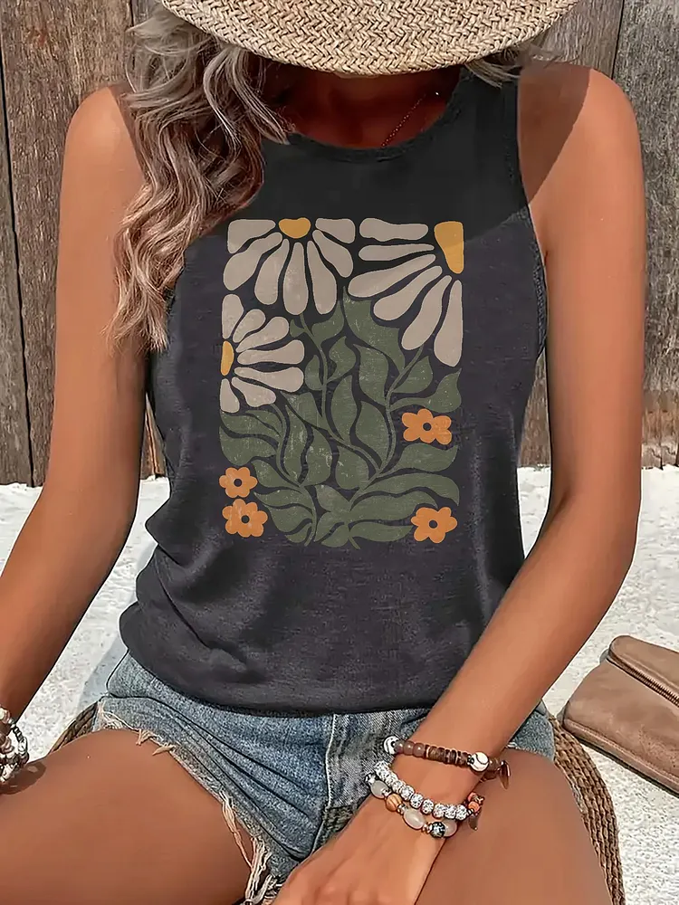 Womens Sleeveless Floral Tank Top-Green Leaves Orange Flowers Print Casual Loose Fit