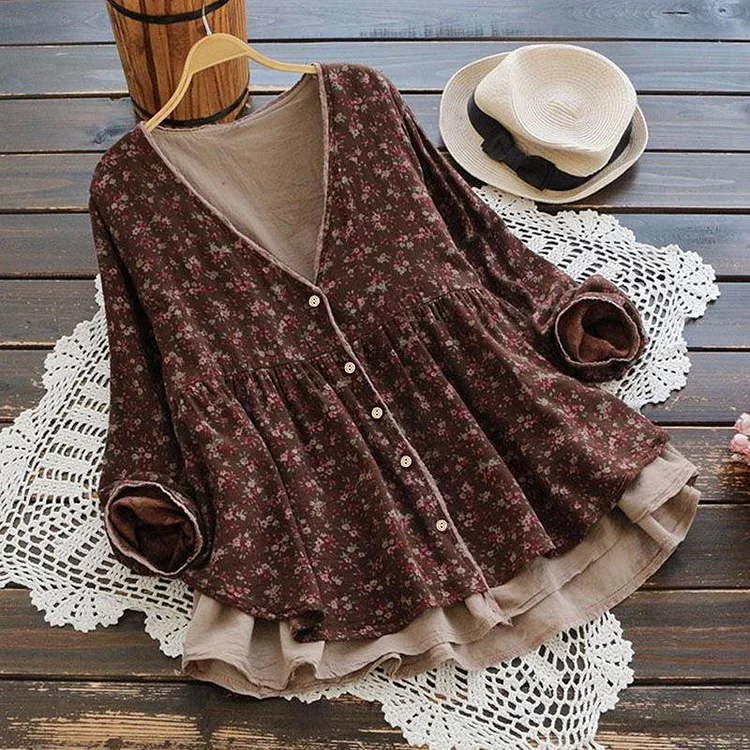 Retro Floral Print Vintage Blouse Lace V-neck shirt Long Sleeve Cotton Linen Tops