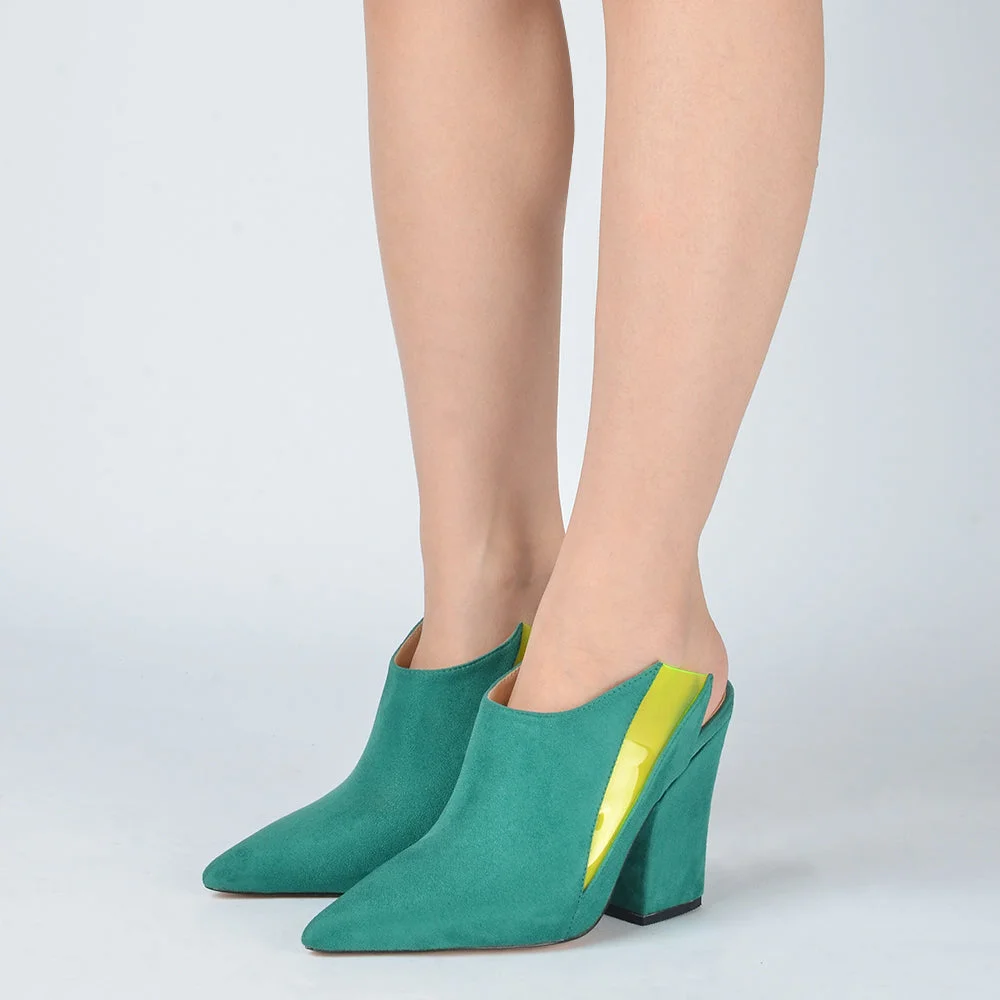 Green Suede Casual Mules Pointed Toe Clear Chunky Heels