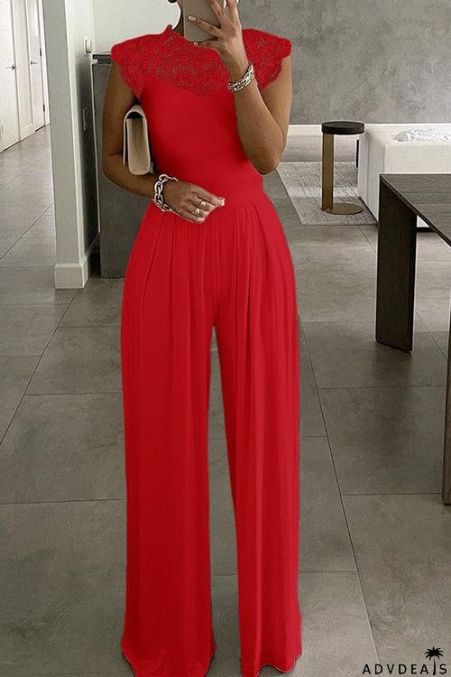 Lace Patchwork O Neck Wied Leg Jumpsuits