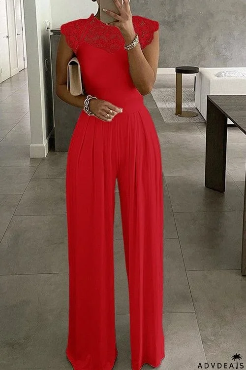 Lace Patchwork O Neck Wied Leg Jumpsuits