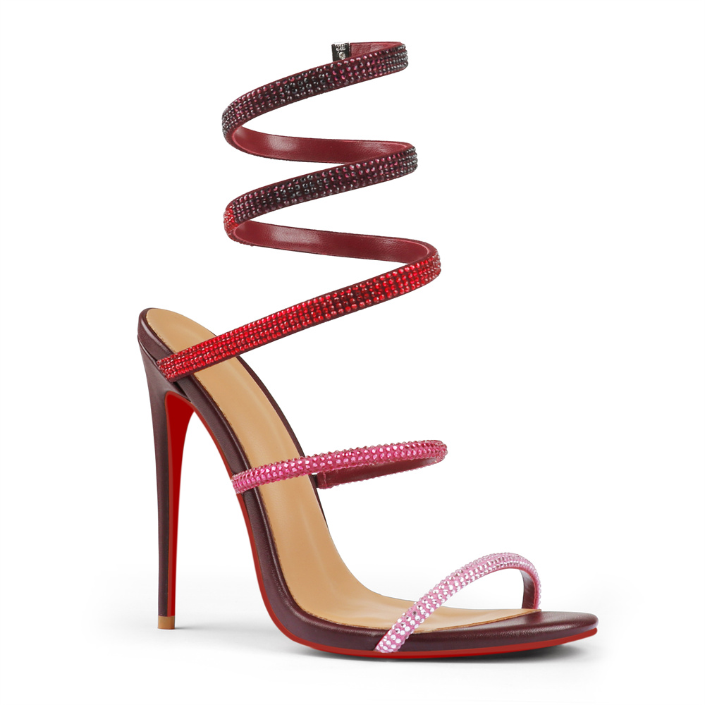 120mm Women's Cross Strappy Sandals Rhinestone Heels Red bottom Pull-on Sexy Stilettos-MERUMOTE