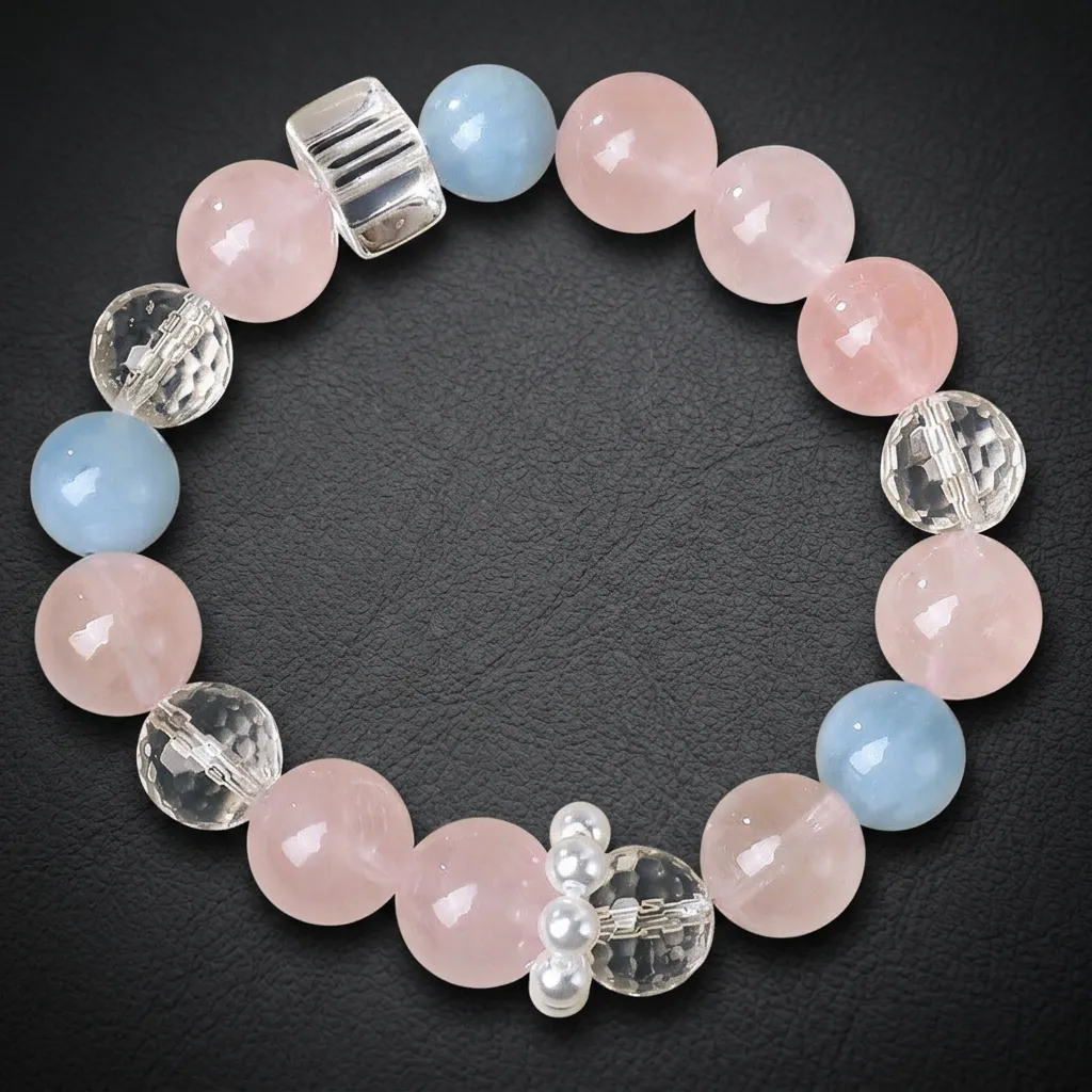 JiStones Serene Romance Bracelet - Natural Rose Quartz & Aquamarine Crystal Ethereal Pastel Mix (Rose Quartz & Aquamarine) - 10mm