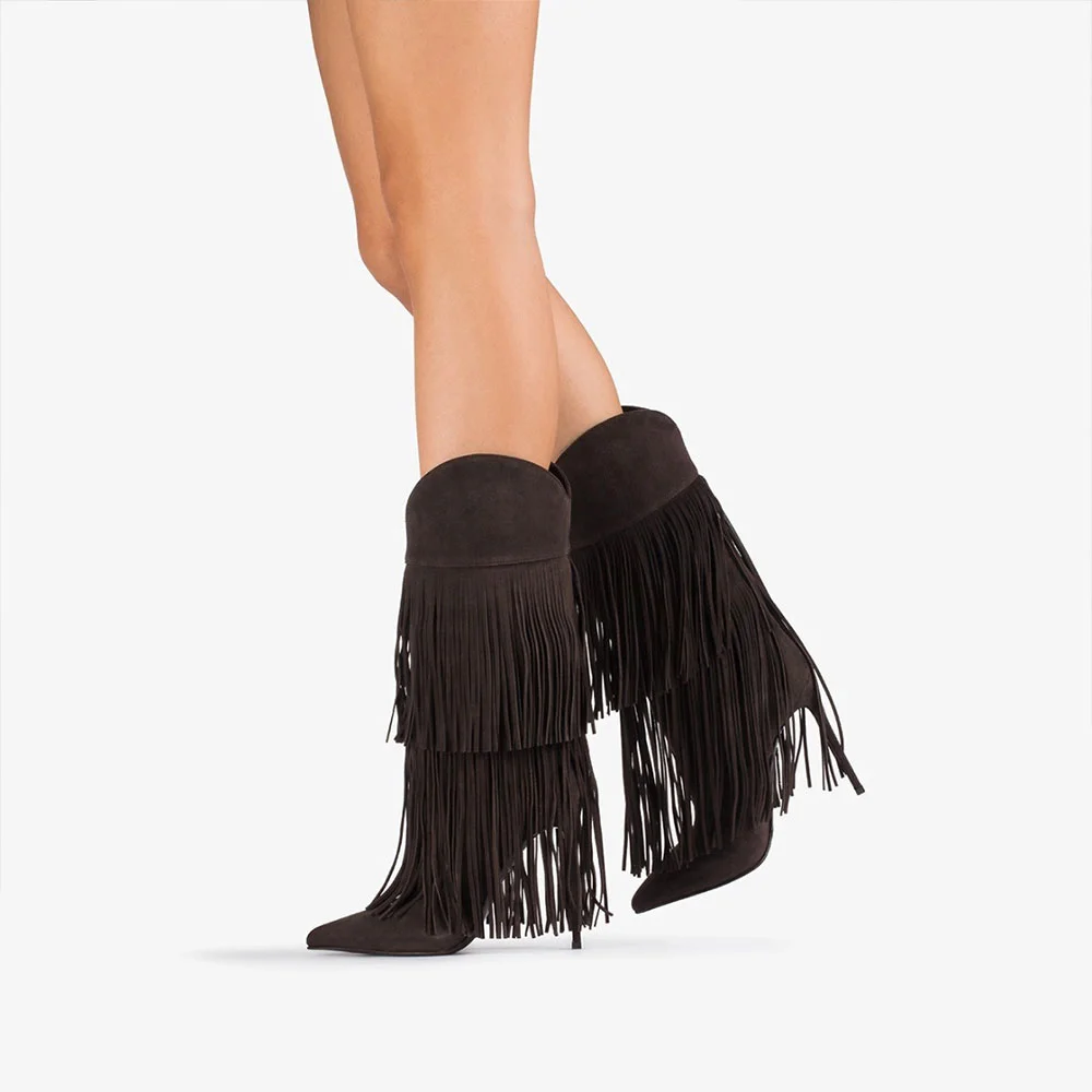 Brown Mid Calf Pointed Toe Stiletto High Heel Fringe Boots for Women