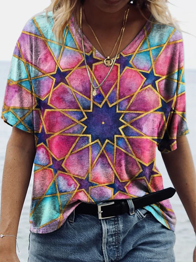 Stars Geometric Art V Neck T Shirt